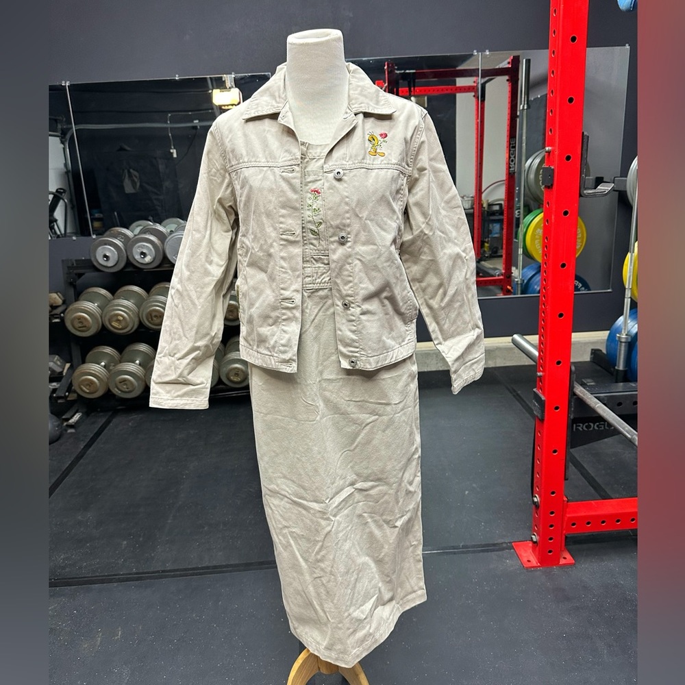 Vintage Tweety Bird Dress Women’s Beige Overall Dress with matching jacket